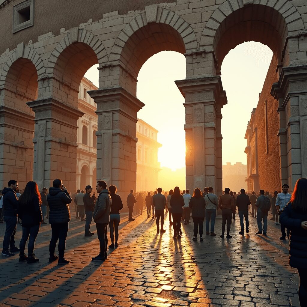 Early morning at the Colosseum with a few visitors enjoying the ancient landmark