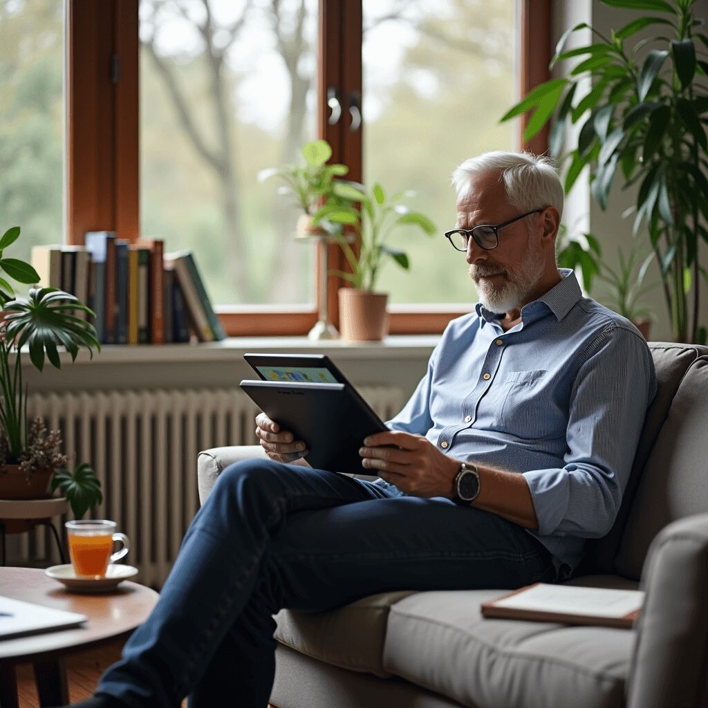 Adult using a laptop and smartphone for digital learning at home