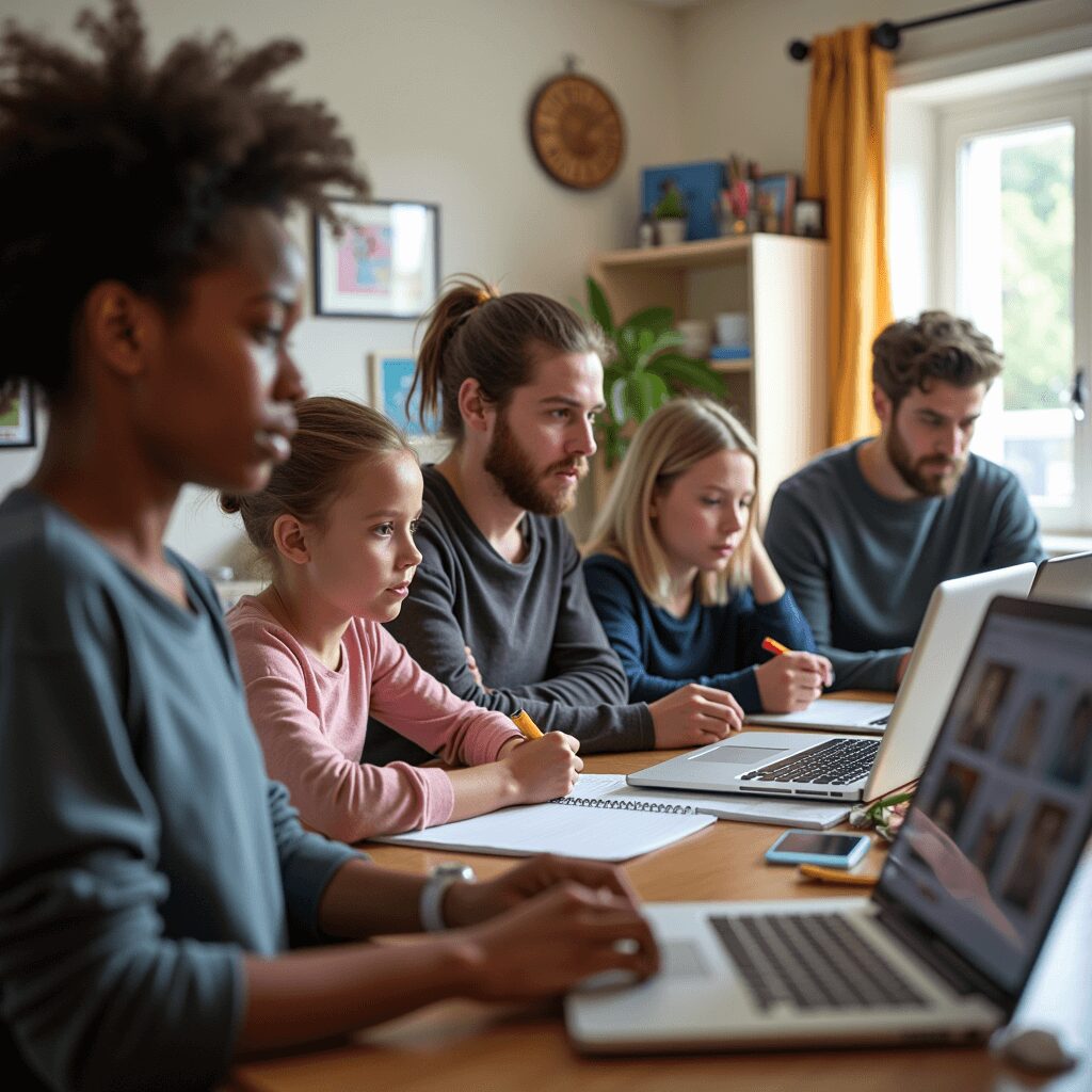 Diverse group of online learners in cozy home setups