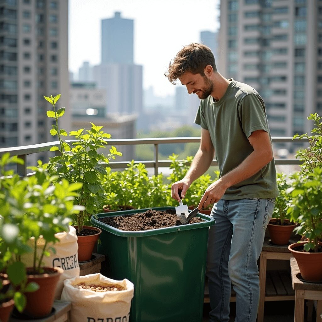 DIY compost bin on apartment balcony with green plants