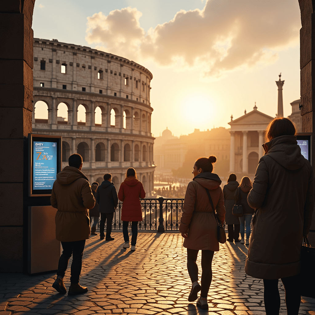 Early morning sunlight on the Colosseum's exterior in Rome, with few crowds.