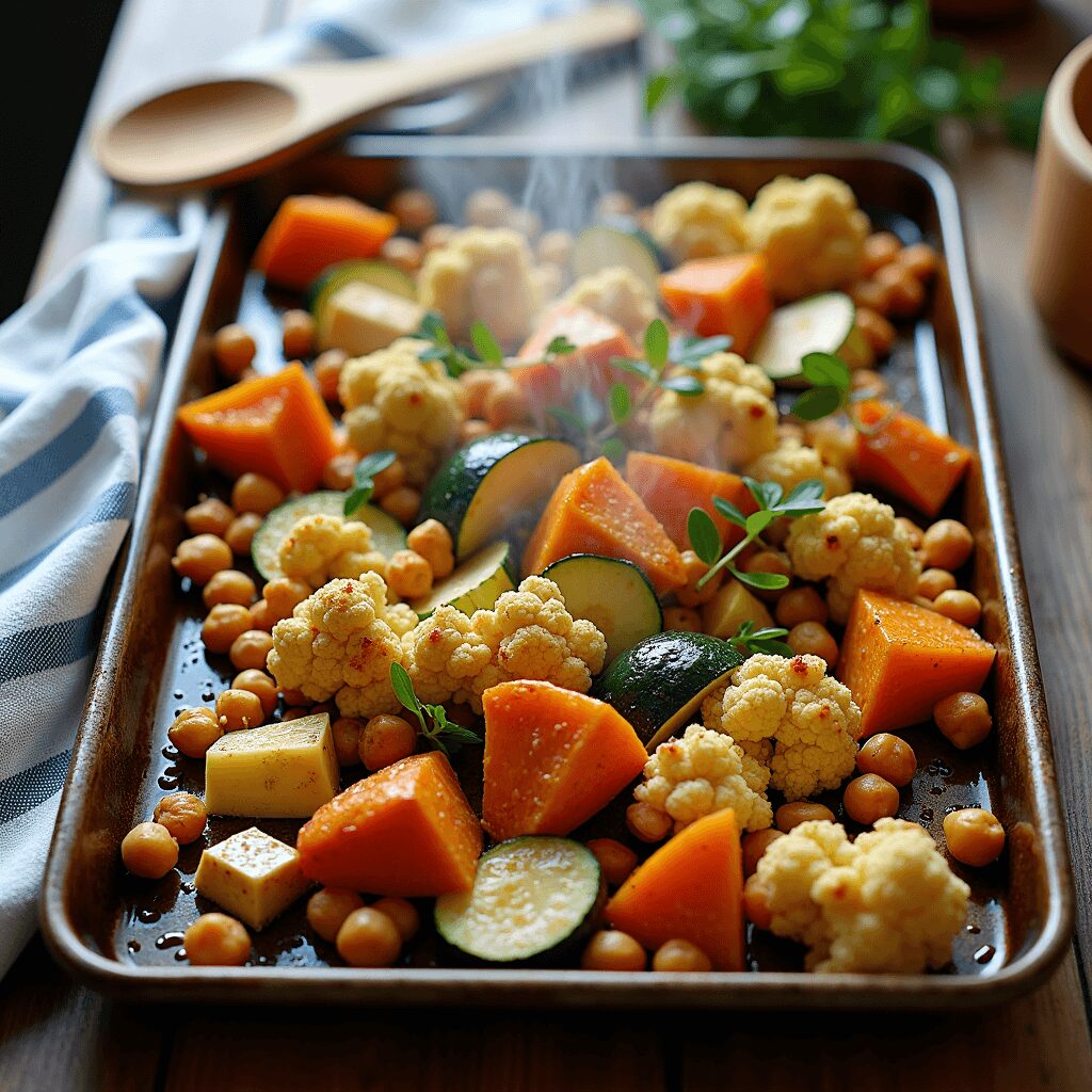 Sheet pan dinner with colorful roasted vegetables and tofu