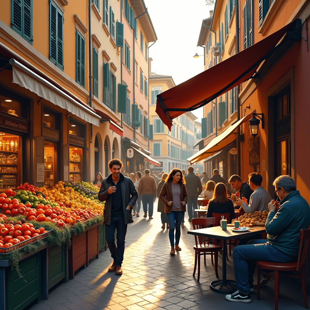 Evening lights at Trastevere market in Rome with locals shopping and chatting.