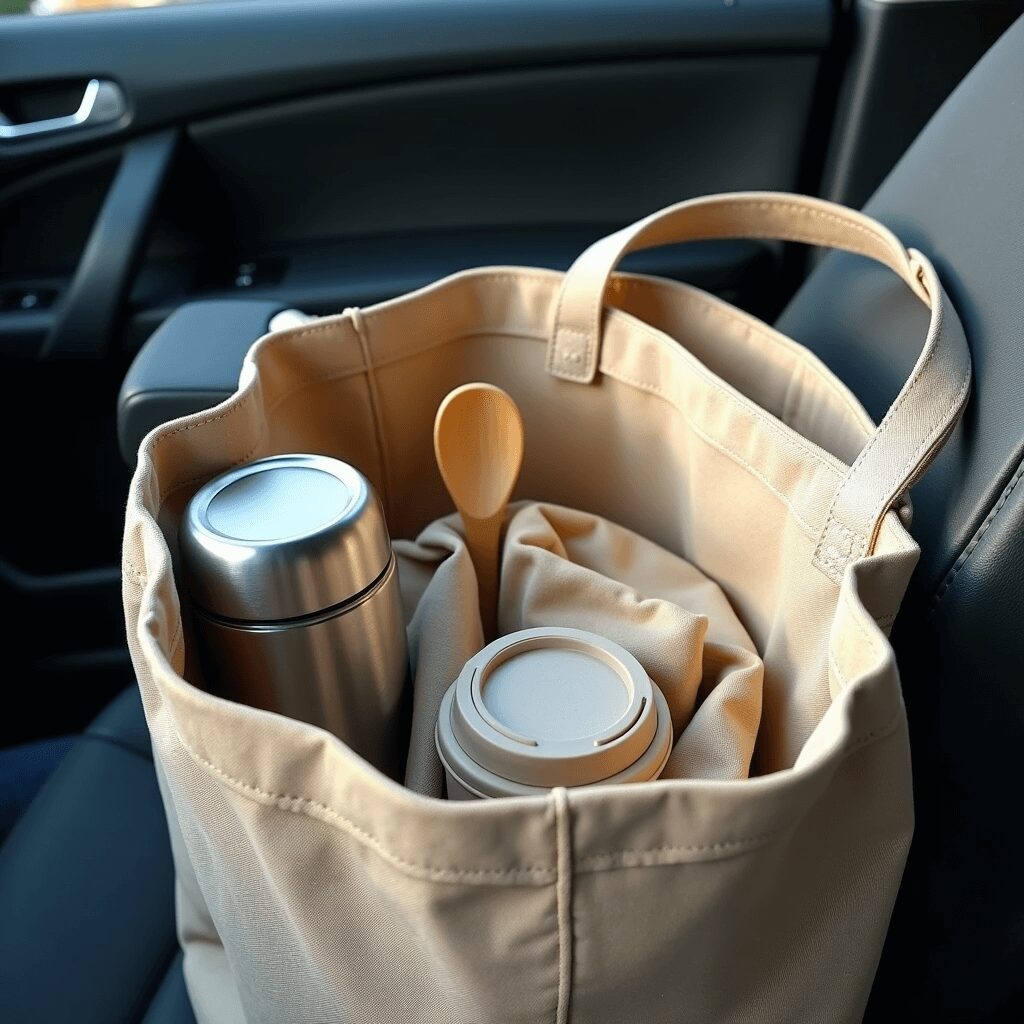 Reusable on-the-go kit with coffee cup and tote bag