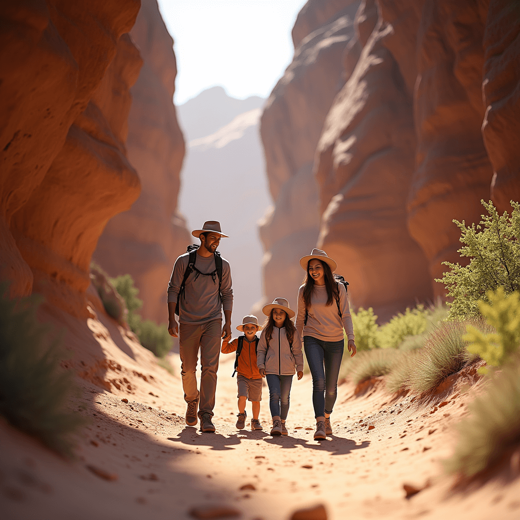 Family hiking together through a wide Utah slot canyon