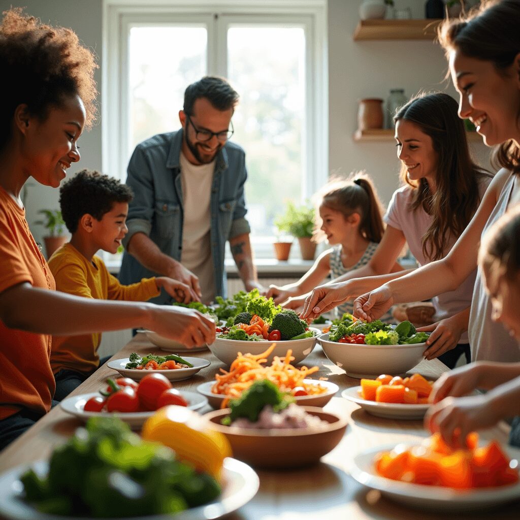 Colorful family meal featuring a variety of vegetables