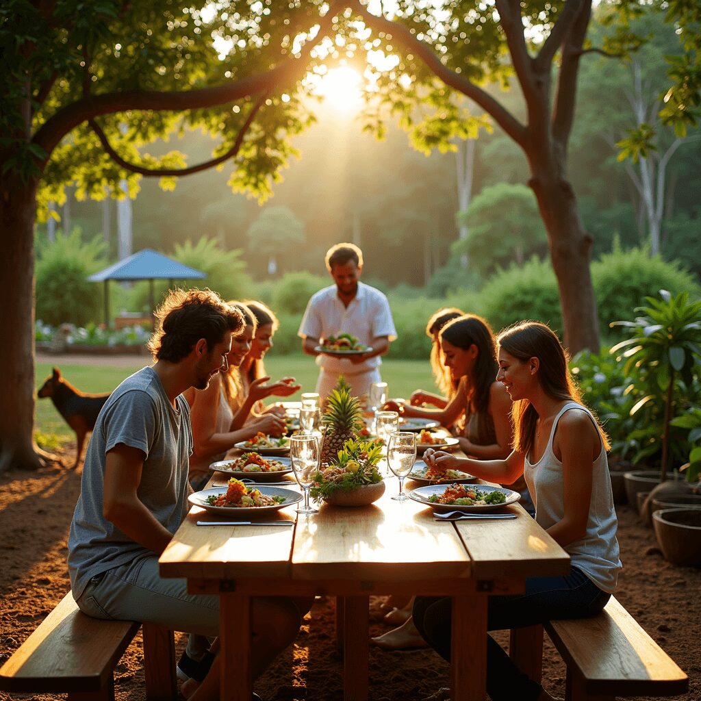Travelers enjoying a farm-to-table meal outdoors with fresh La Fortuna produce