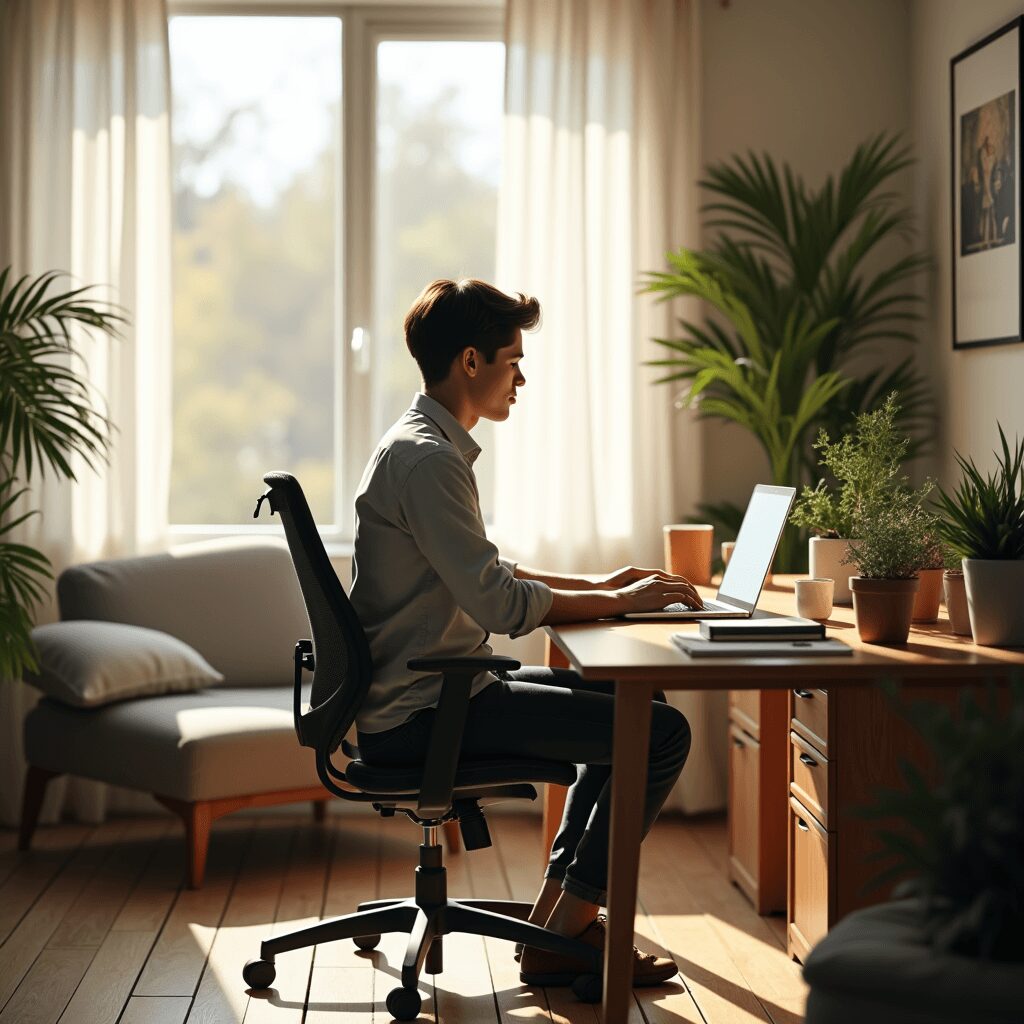 Focused remote worker reading and growing at home