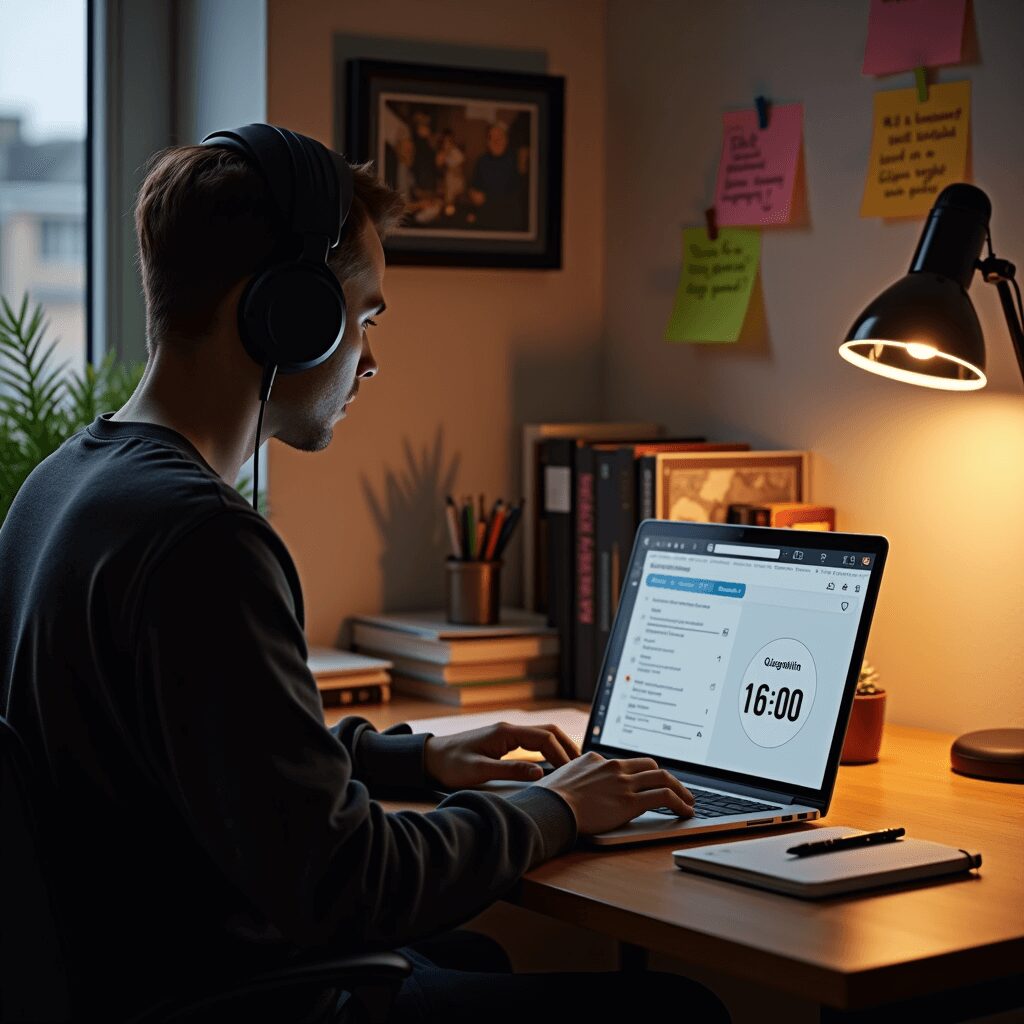 A person practicing guitar with intense focus during a short evening session