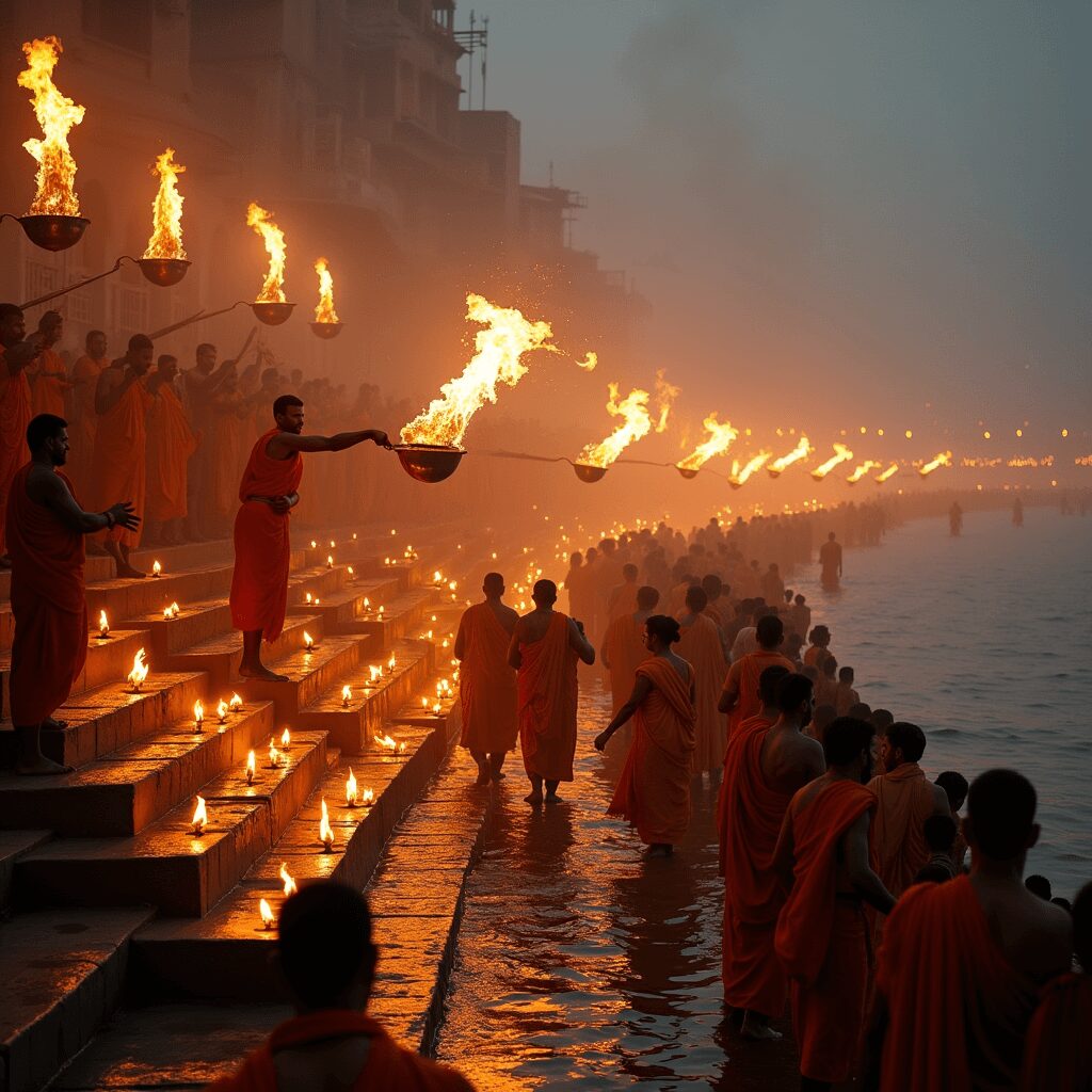 Priests performing Ganga Aarti on the river banks