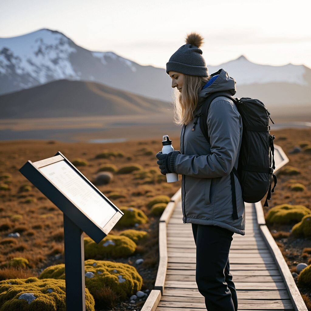 Solo traveler practicing eco-friendly habits in Iceland