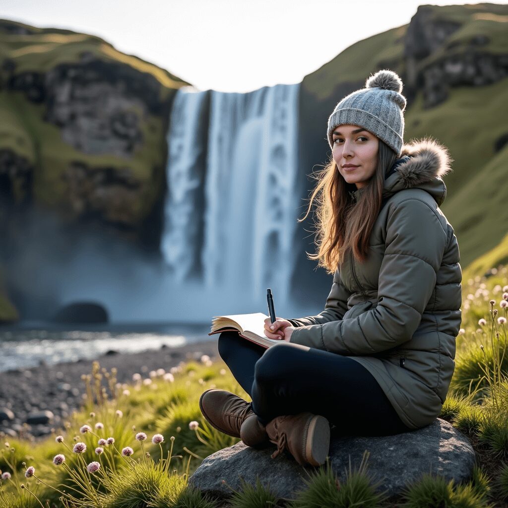 Solo traveler journaling beside an Icelandic waterfall