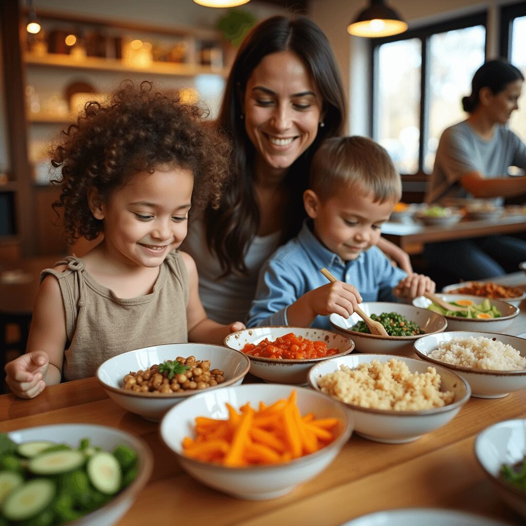 Child building a customizable veggie grain bowl