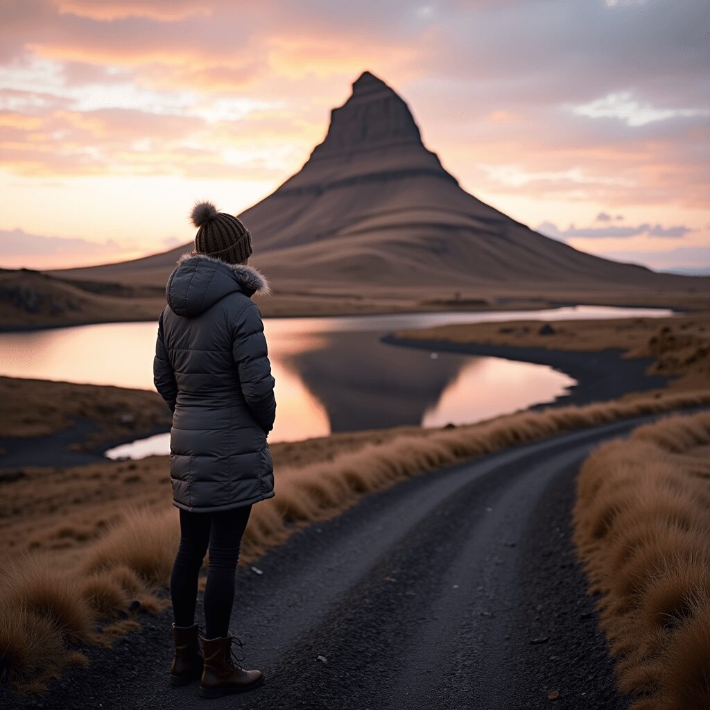 Kirkjufell Mountain at sunrise with no other travelers in view