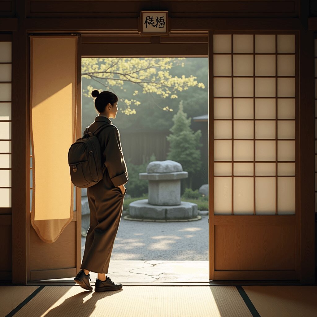 Traditional Kyoto tea house entrance surrounded by stone and greenery