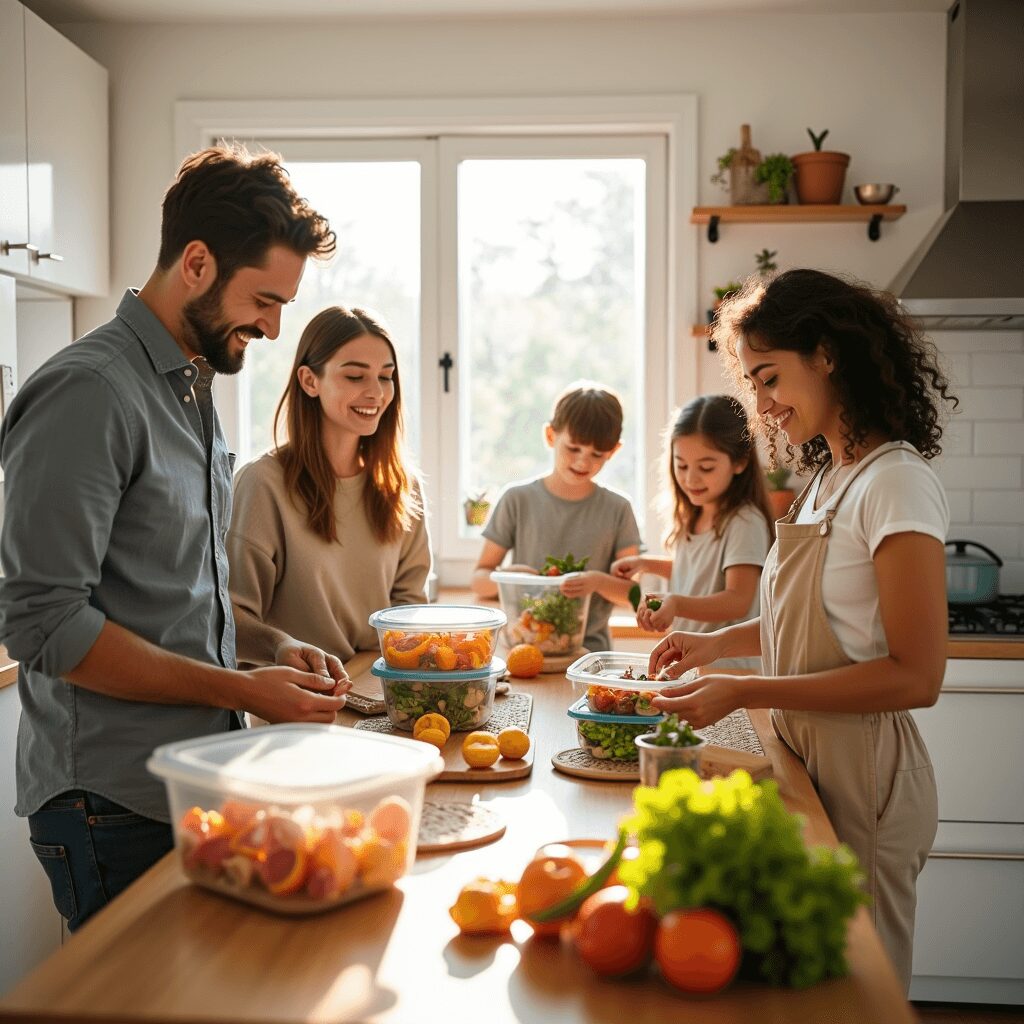 Family using reusable kitchen items together