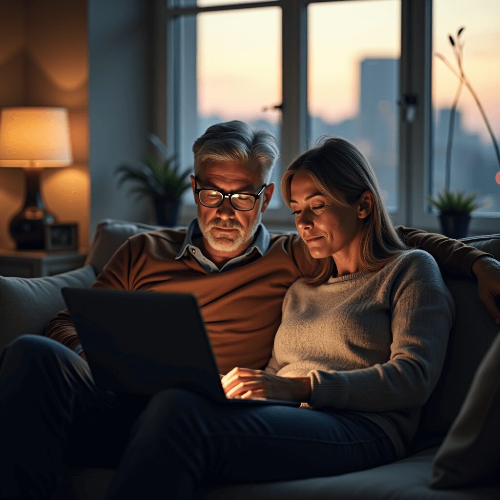 Modern retirees discussing financial plans in a cozy living room