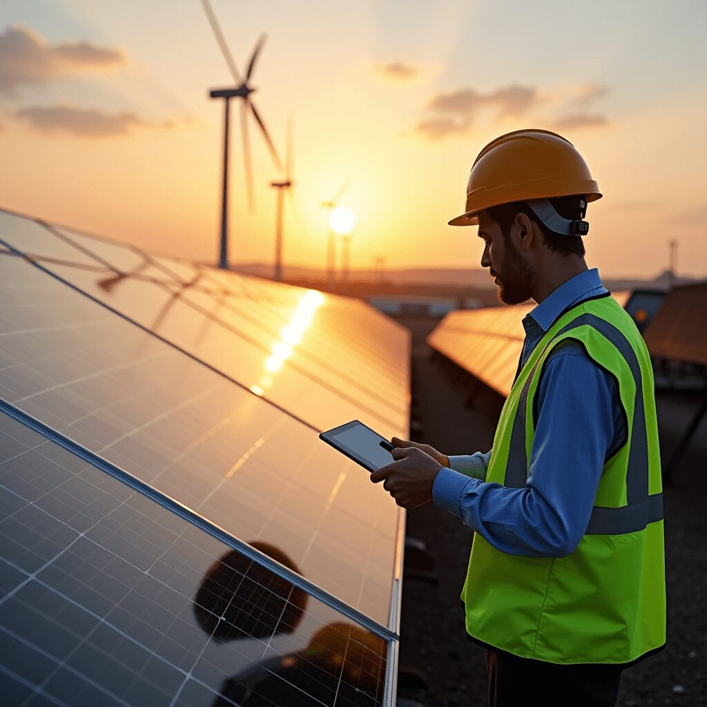 Technician inspecting a modern solar farm with wind turbines