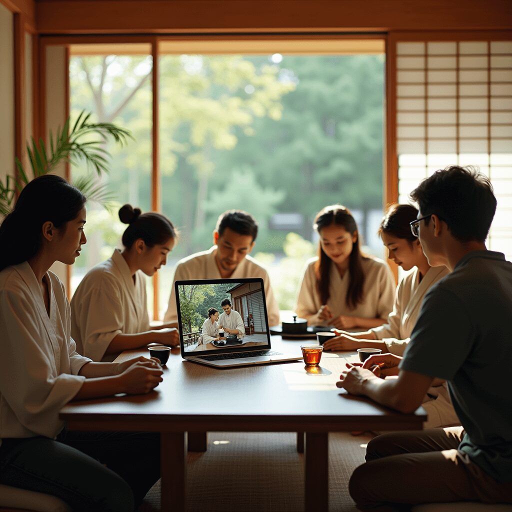 Modern Kyoto tea house blending traditional and digital elements