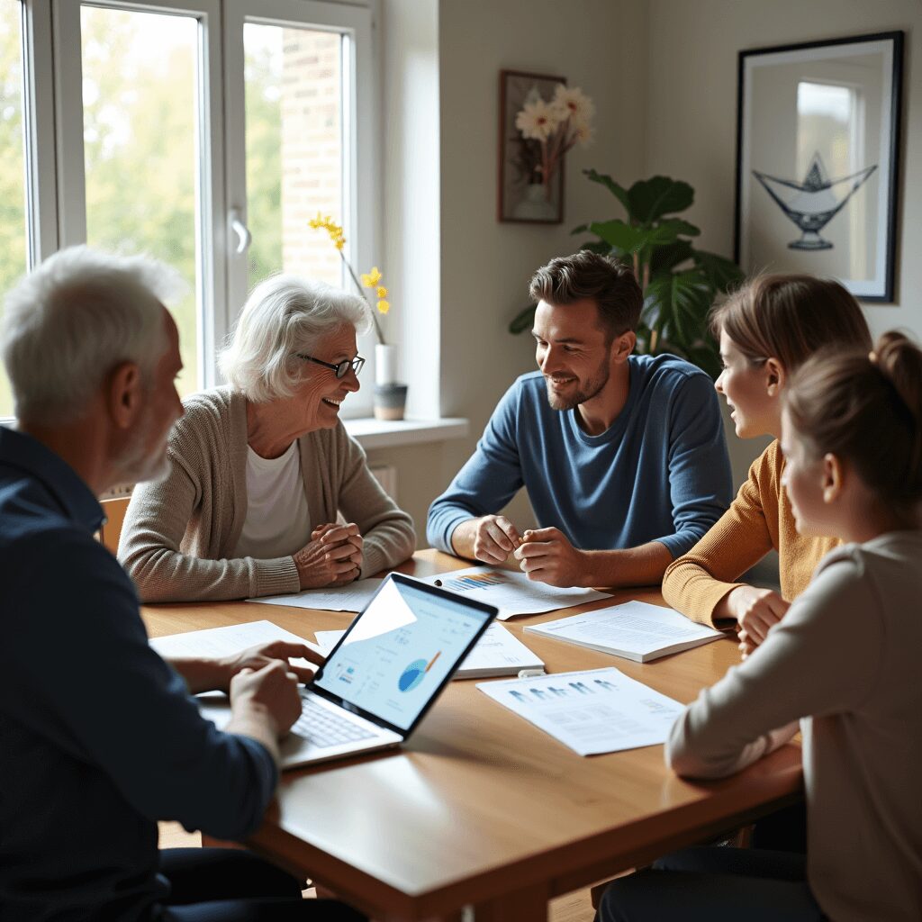 Multi-generational family discussing finances at home