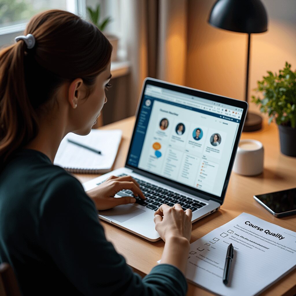 Checklist for choosing quality online courses including reviews, credentials, and practical projects