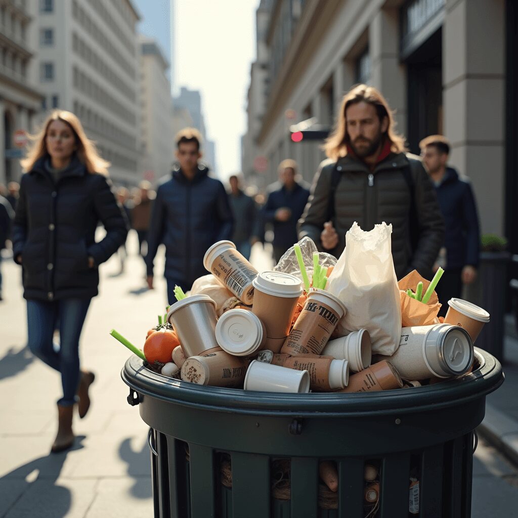Overflowing bin full of disposable items