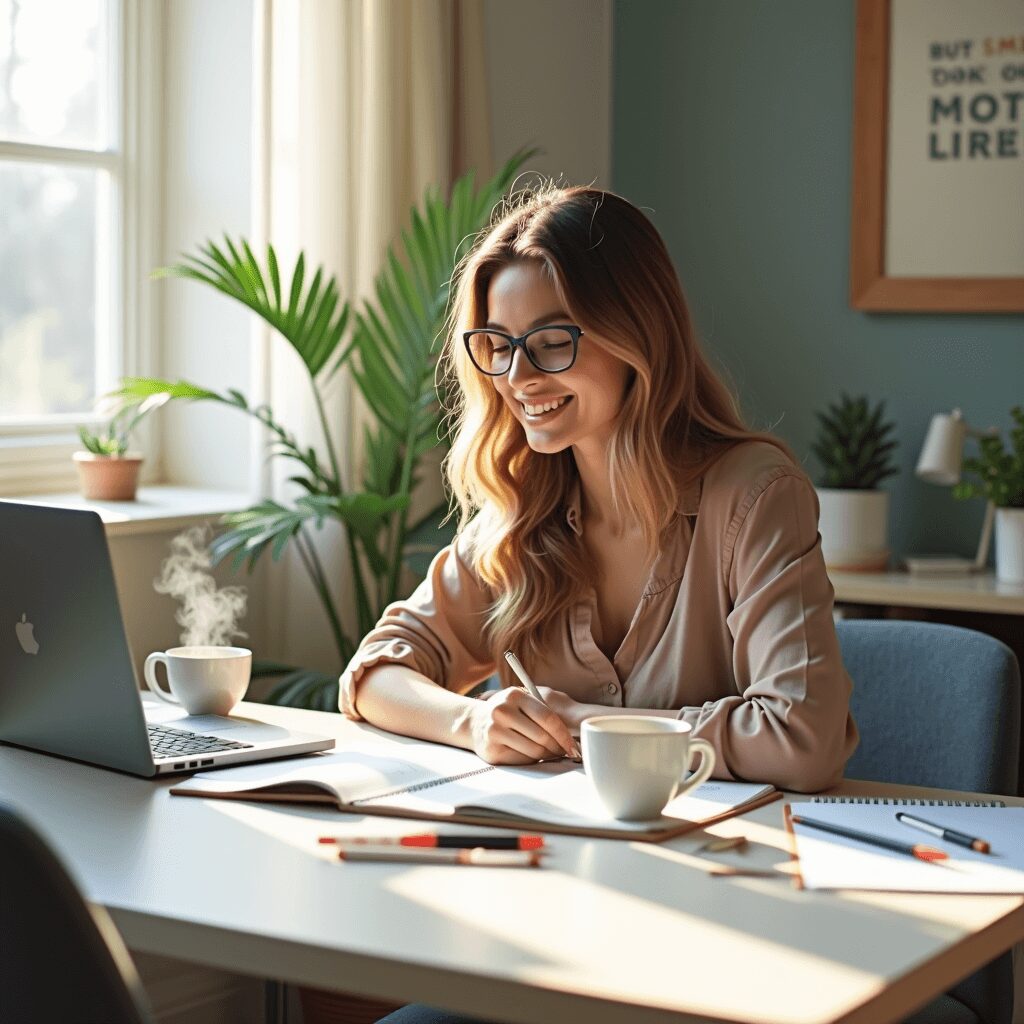 A bright desktop scene with a weekly planner and coffee cup.