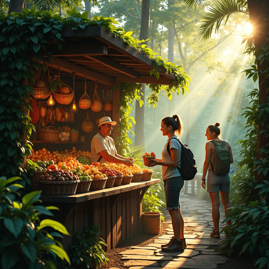Colorful market stall in La Fortuna brimming with rainforest fruits and vegetables