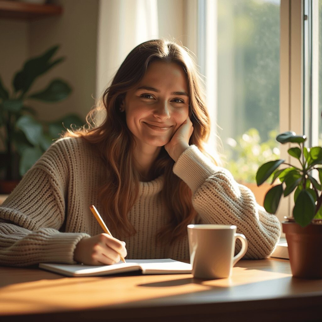Person writing in a journal with sunlight streaming in