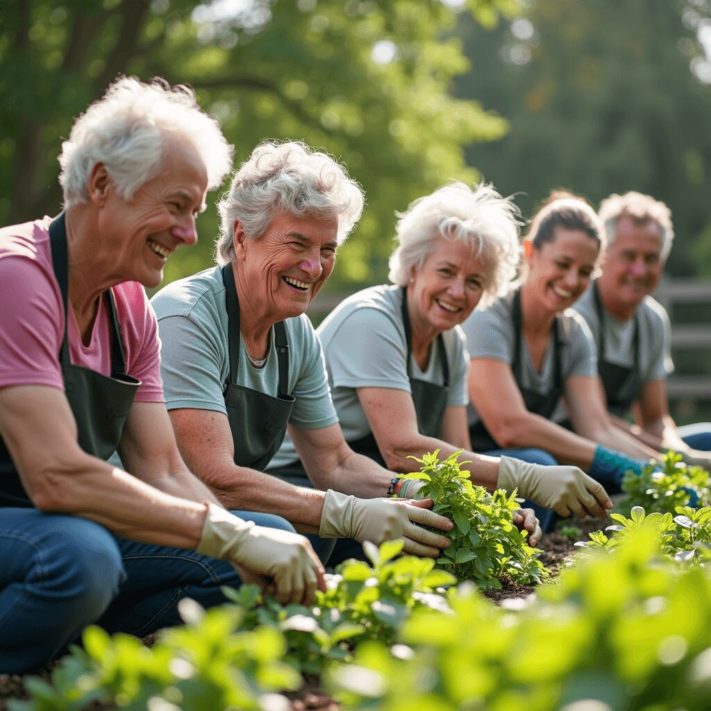 Retirees volunteering in a garden, exemplifying purpose beyond finances