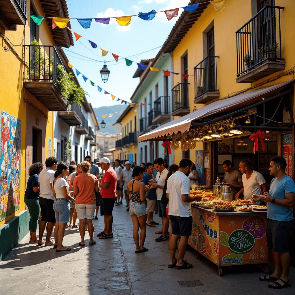Lively street scene in Rio de Janeiro featuring local art and music