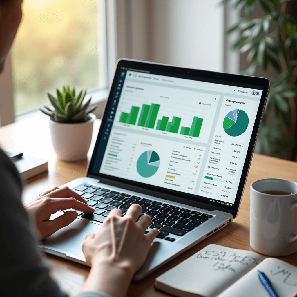 Laptop screen displaying ESG fund analysis, a person scrutinizing investment choices