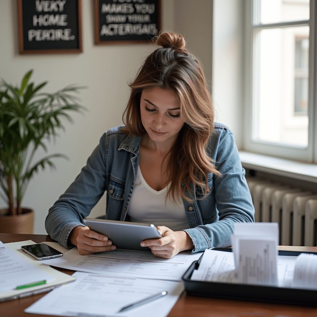 Side hustler tracking business expenses in a home office