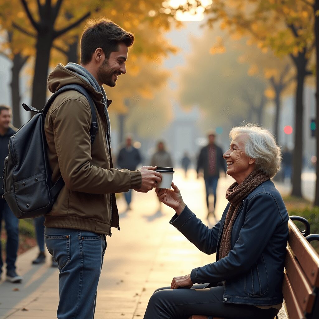 A person engaging in a simple act of daily kindness outdoors