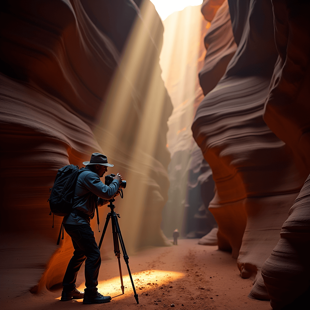 Photographer capturing the light and curves inside a Utah slot canyon