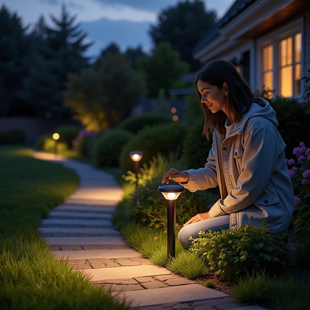 Solar-powered lights illuminating a garden path at dusk