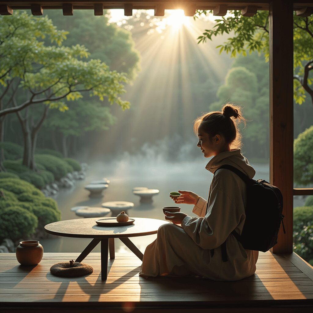 Solo traveler relishing peaceful moments in a Kyoto tea garden