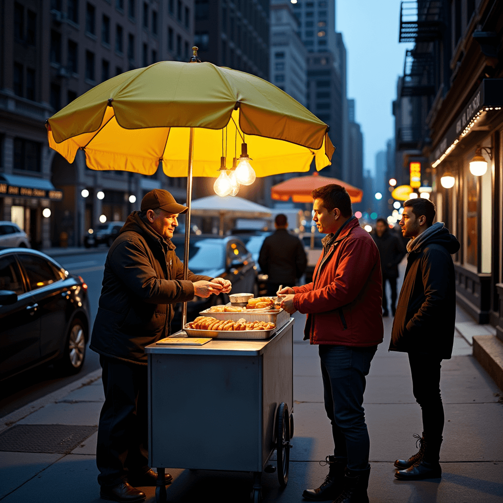 A street vendor serving food in a New York City neighborhood