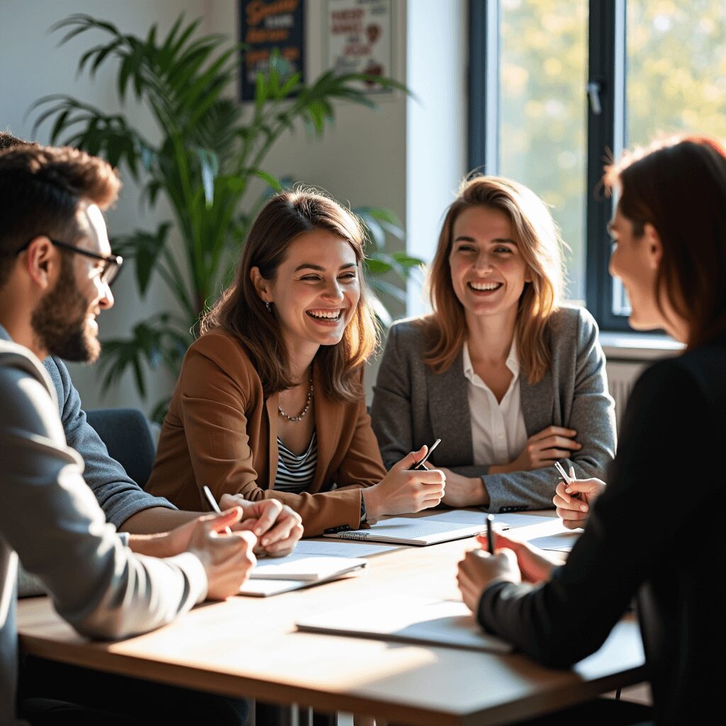 A diverse team brainstorming repayment strategies together