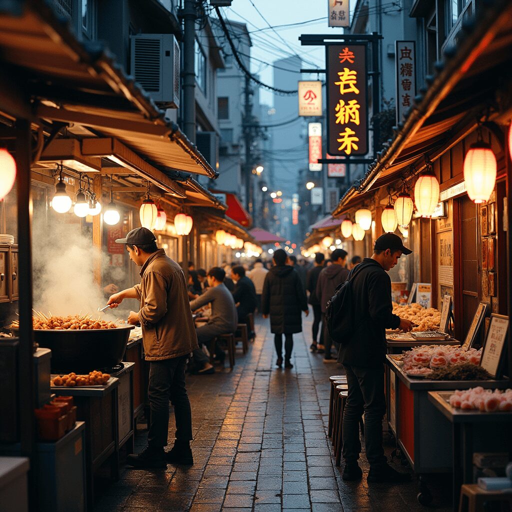 Tokyo yokocho at night, filled with street food stalls and locals