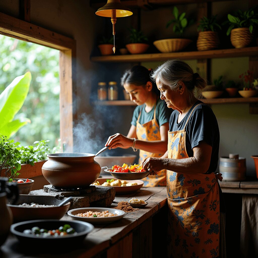 Rural Costa Rican kitchen preparing olla de carne with local rainforest vegetables
