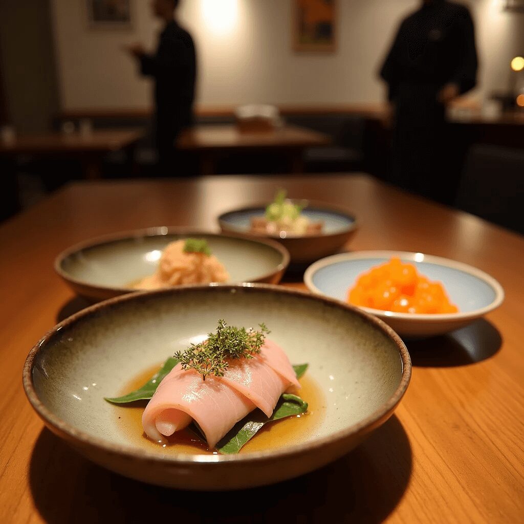 Unusual Japanese dishes such as ikura and torisashi served at a Tokyo eatery