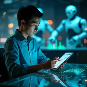 A hyperrealistic image capturing a poised young professional reviewing digital financial charts on a sleek tablet, illuminated by ambient blue and green reflections from a modern glass desk. In the backdrop, stylized robotic arms and data overlays subtly allude to artificial intelligence seamlessly augmenting the world of investing. The scene’s purposeful and optimistic mood embodies confidence in embracing automation within financial decision-making.