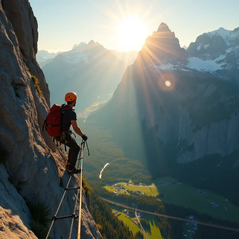A hyperrealistic sunrise photograph capturing an adventurous traveler clipped onto a via ferrata in the Swiss Alps. The climber, awe-struck and focused, navigates metal rungs and a suspended cable bridge across a dramatic ridge with snow-capped peaks in the distance. Warm golden light bathes the lush green valley below, revealing intricate mountaineering gear, rugged rock faces, and tiny alpine villages. The image radiates thrill, accomplishment, and the pure beauty of high-altitude adventure.