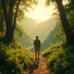 A hyperrealistic image depicting an individual poised at the threshold of a sun-drenched forest path, facing away toward rolling green hills. The morning's golden light bathes the vibrant landscape, while the subject's hopeful stance and the clear pathway ahead evoke a sense of optimism, transformation, and the limitless possibilities of a fresh journey.