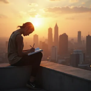 A hyperrealistic image of a determined individual journaling on a tranquil city rooftop at sunrise. Bathed in golden morning light, their focused posture conveys resilience and mental clarity. The awakening cityscape in the background evokes themes of new beginnings, personal growth, self-mastery, and limitless potential.