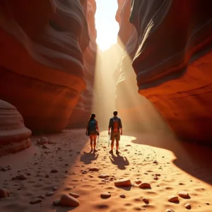 A hyperrealistic photograph of a narrow Utah slot canyon captured at sunrise, where soft golden light filters through sculpted red rock walls, casting dramatic shadows across the scene. The ground is covered with smooth pebbles and subtle traces of recent water flow, while distant hikers equipped with backpacks and camera gear pause to marvel at the breathtaking canyon formations. Their footprints mark the sandy path, and shimmering dust particles illuminate the air, evoking a sense of mystery, serenity, and the majestic solitude of the canyon landscape.