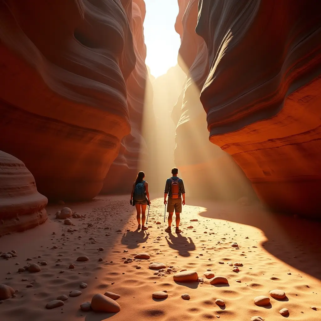 A hyperrealistic photograph of a narrow Utah slot canyon captured at sunrise, where soft golden light filters through sculpted red rock walls, casting dramatic shadows across the scene. The ground is covered with smooth pebbles and subtle traces of recent water flow, while distant hikers equipped with backpacks and camera gear pause to marvel at the breathtaking canyon formations. Their footprints mark the sandy path, and shimmering dust particles illuminate the air, evoking a sense of mystery, serenity, and the majestic solitude of the canyon landscape.