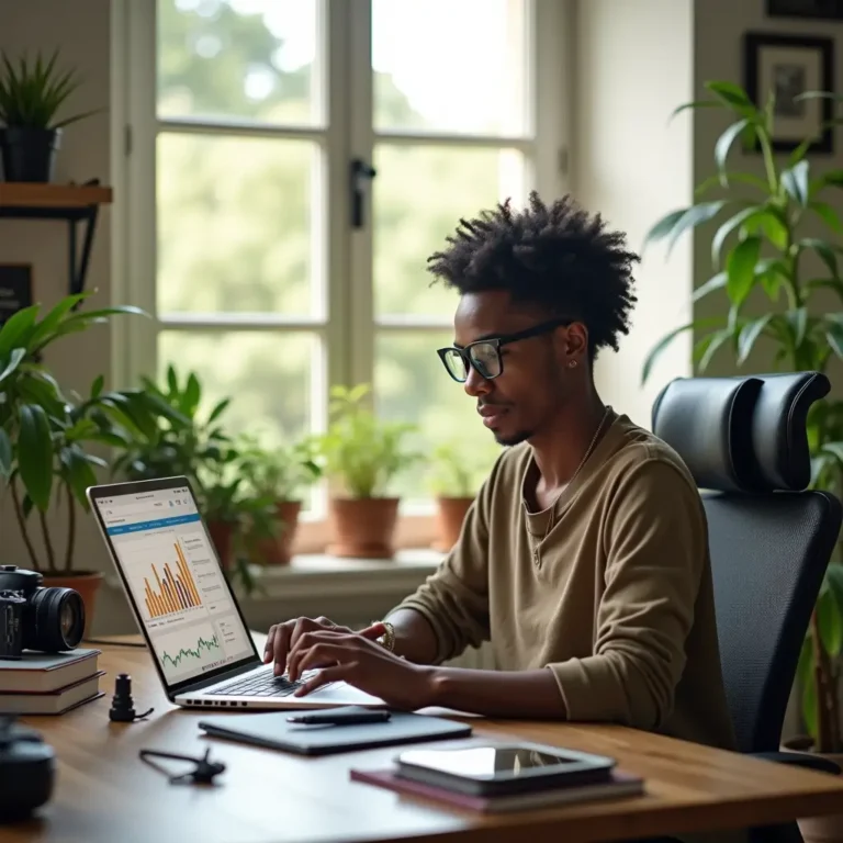 A hyperrealistic image depicting a modern home office bathed in natural sunlight. A diverse creator exudes confidence while reviewing digital earnings reports on a stylish laptop. The workspace balances creativity and financial aspiration, featuring vibrant plants, a camera, a microphone, investment books, and a digital wallet app displayed on a tablet. The overall mood is motivational, blending clean design and fresh colors to reflect both creative ambition and responsible financial management.
