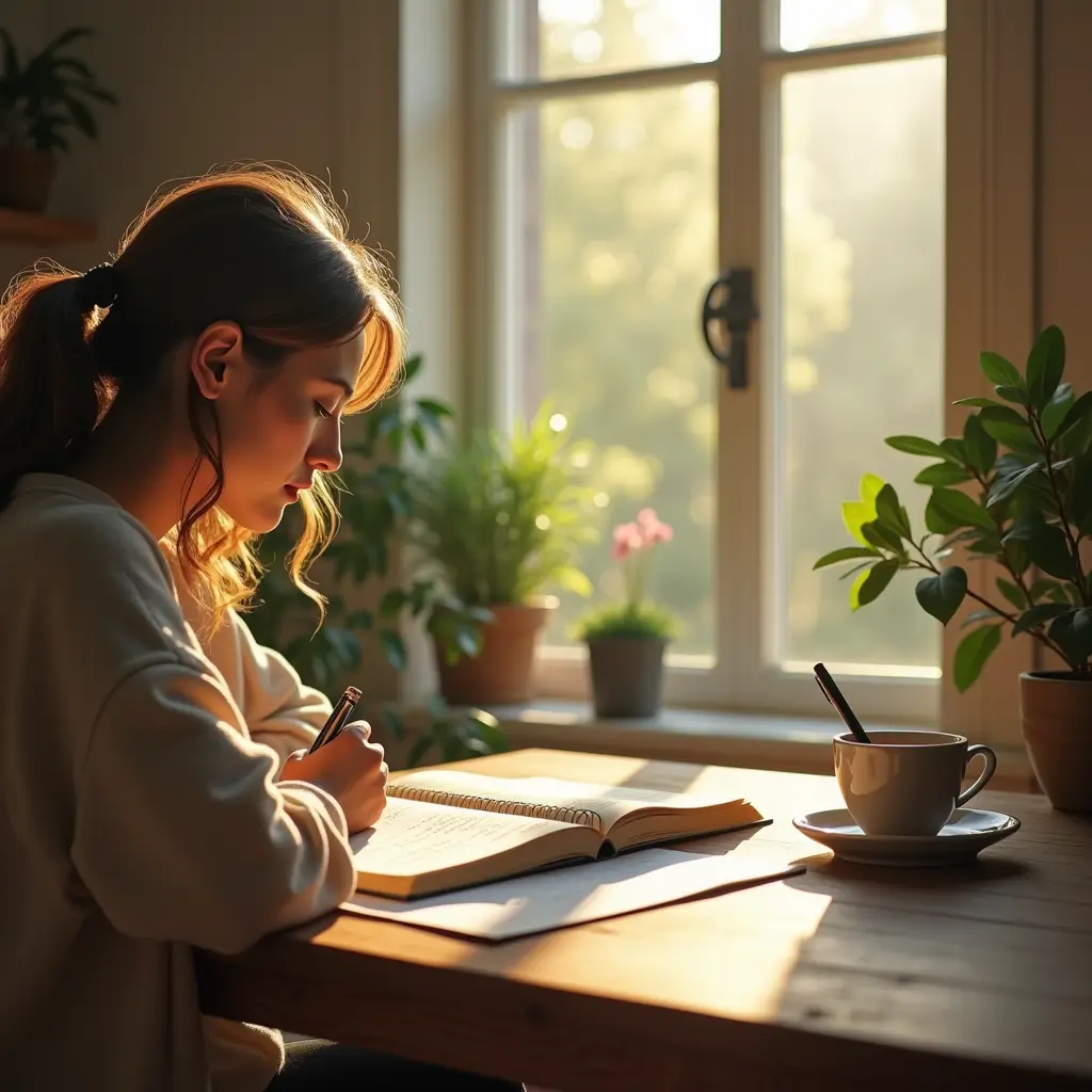 A hyperrealistic image depicting a tranquil morning workspace bathed in gentle sunlight. By a large window overlooking lush greenery, a person sits at a wooden desk, holding a pen above a journal filled with handwritten notes. A steaming cup of tea and the soft glow of morning light create an inviting, introspective atmosphere, encouraging viewers to pause, reflect, and embrace the serenity of the moment.